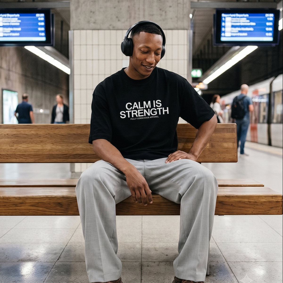 A man wearing a black graphic t-shirt with the text 'CALM IS STRENGTH' sits on a wooden bench in a subway station. The t-shirt features a small white graphic below the text that reads 'by Danielson Apparel'.