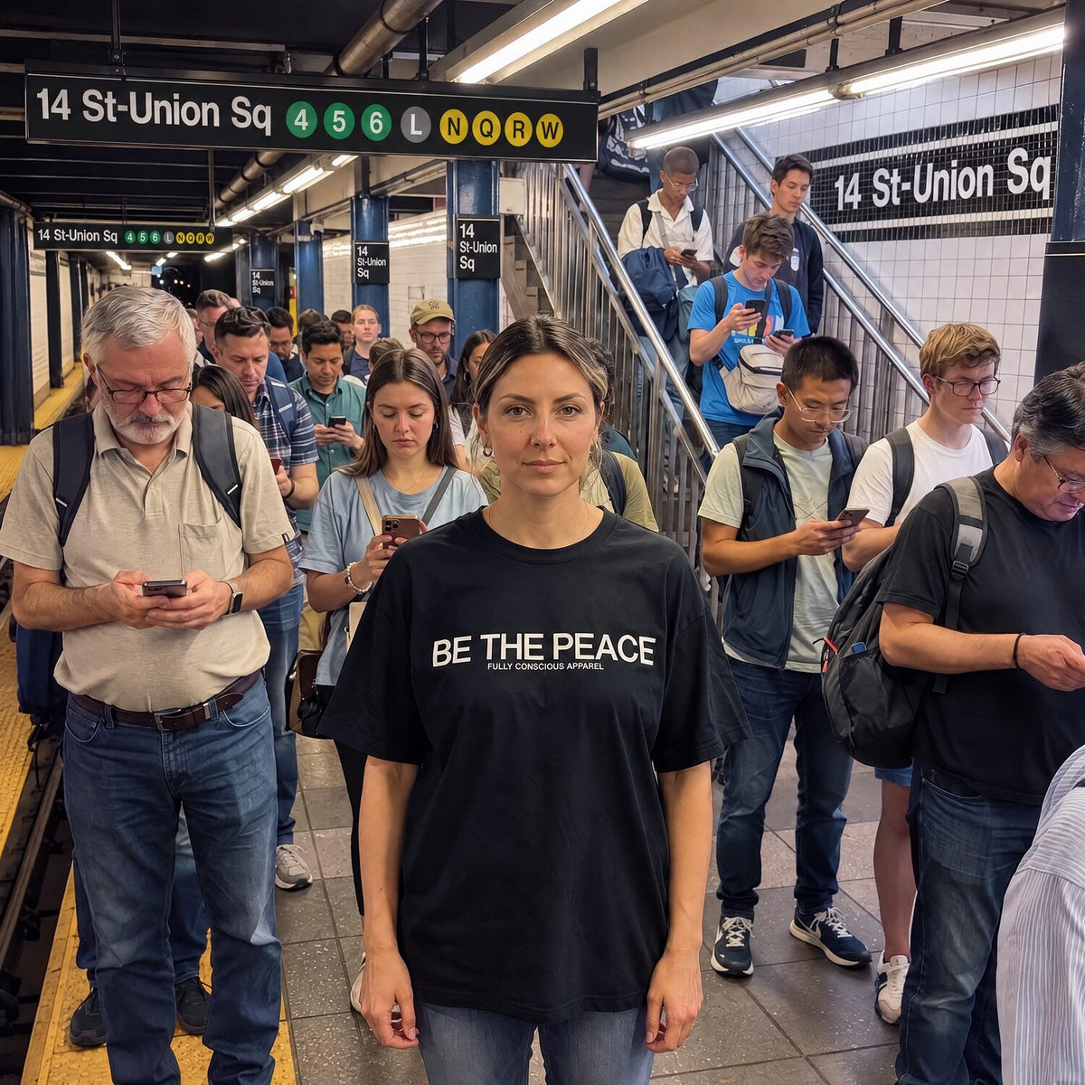 Woman in a black BE THE PEACE t-shirt by Fully Conscious Apparel standing on a crowded New York subway platform